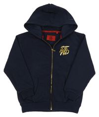 Tmavomodrá teplá propínací mikina se zlatým logem a kapucí DFND