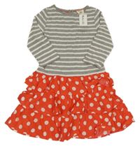 Nové - šedo-bílo-červené šaty s pruhy a puntíky a volánky mini Boden