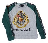 Šedo/melírovano-smaragdová mikina s erbem - Harry Potter a pruhom