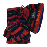Nové - 3Set - Tmavomodro-červeno-modro-zelená pruhovaná fleecová čepice s Thomasem + prstové rukavice + šála