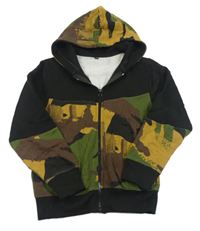 Černo-hnědo-khaki prepínaci mikina so vzorom a kapucňou
