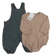 Nové - Tmavošedé plátěné laclové kalhoty + starorůžové body Next