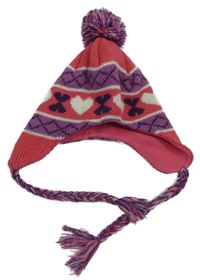 Tmavorůžovo-levandulová vzorovaná čepice s bambulí Kids