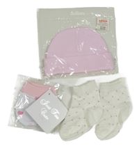 3set - Růžová bavlněná čepice + smetanové kárované ponožky + bílé rukavičky s obrázkami