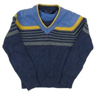 Tmaovmodro-modro-žltý pruhovaný sveter