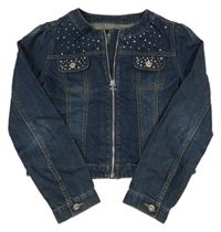 Tmavomodrá crop rifľová bunda s kamienkami Debenhams