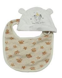 2 set - biela čapica s obrázkem + hnedý podbradník s tlapkami