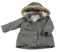 Tmavosivá šušťáková zateplená bunda s kapucňou s kožešinou Topomini