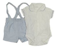 2 set - Bílé body s límečkem + modro-bílé pruhované kraťasy s kšandami Next