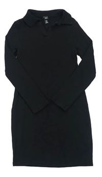 Čierne rebrované elastické polo šaty New Look