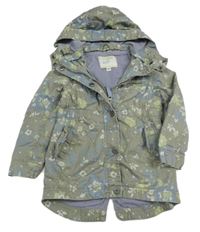 Khaki květovaná plátěná podzimní parka s kapucí Vertbaudet