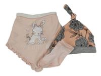 3set - Růžovo-šedá květovaná čepice + růžovo-bílé pruhované ponožky + světlerůžový slinták s králikom a volánikmi