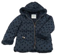 Tmavomodro-černá puntíkatá šusťáková zimní bunda s kapucí s kožešinou George