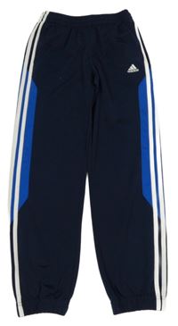 Tmavomodro-biele športové tepláky s pruhmi a logom Adidas