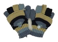 Béžovo-modré pruhované pletené bezprstové rukavice 