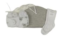 Nové - 4set - Šedá čepice + bílé ponožky + 2x šedo-bílé rukavice 