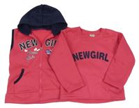 2set - Fuchsiová mikina s nápisem + Fuchsiovo-tmavomodrá propínací vesta s nápisy a kapucí 