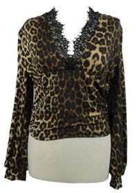 Dámske hnedo-čierne leopardí crop tričko s čipkou Shein