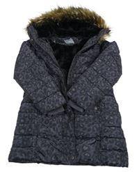 Tmavomodrý šušťákový zimná kabát a leopardím vzorem a kapucňou Next