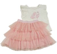 2set- bílé tričko s motýlkem+ růžová šifonová plisovaná sukně Topolino