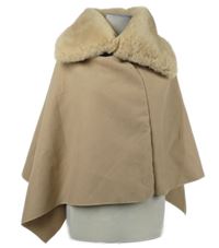 Dámske béžové flaušové pončo s kožušinovým golierom