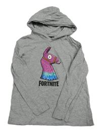 Šedé triko s potiskem a kapucí - Fortnite