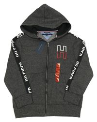 Nové - Černo-šedá melírovaná propínací mikina s kapucí Tommy Hilfiger