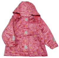 Růžová puntíkatá nepromokavá jarní bunda se srdíčky a kapucí