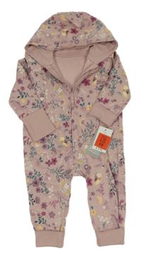 Nové - Starorůžová květovaná tepláková kombinéza se sovami a kapucí George