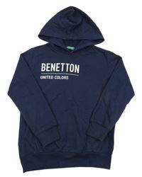 Tmavomodrá mikina s nápisom a kapucňou Benetton