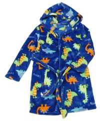Modrý plyšový župan s neonovvými dinosaurami a kapucňou