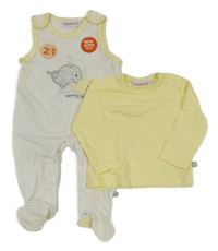 Nové - 2set - Bílo-žluté puntíkované sametové dupačky s velrybami + žluté triko Liegelind 