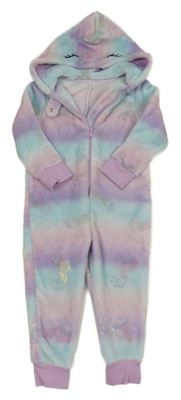 Fialovo-světlemodrá tónová plyšová kombinéza s jednorožci a kapucí Matalan 