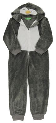 Nové - Šedo-bílá plyšová kombinéza s kapucí - tučňák 