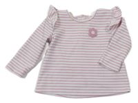 Bílo-růžové pruhované triko s květem a volánky Matalan