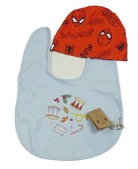 Nový - 2Set - Světlemodrý pogumovaný bryndák s obrázky s vánočním motivem + červená čepice se Spider-many MARVEL 