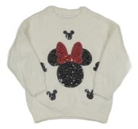 Smetanový chlupatý svetr s Minnie a Mickey z flitrů Disney
