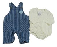 Nové - 2Set - Modré pruhované melírované na traké kalhoty rifľového vzhledu + smotanové body Next