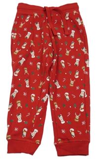 Červené tepláky s lamami a sobmi s vánočním motívom lupilu