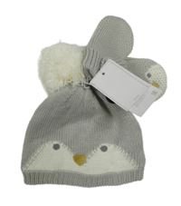 Nové - 2Set - Světlešedá pletená čepice s bambulí + rukavice - tučňáček Mothercare