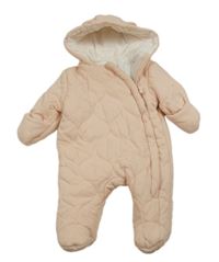 Pudrová prešívaná šušťáková zateplená kombinéza s kapucňou s uškami George