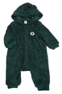 Tmavozelená huňatá kombinéza s medvedíkom a kapucňou s uškami Cozy Pixies