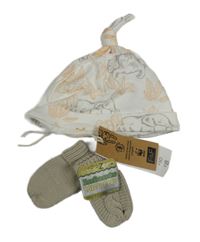 Nové - 2Set - Bílá čepice se zvířátky a listy F&F + béžové pletené rukavice se vzorem Soft Touch