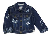 Tmavomodrá rifľová crop bunda s motýlikmi a kvetmi a golierikom Debenhams