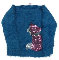 Petrolejový chlpatý sveter s liškou z flitrů Kiki&Koko