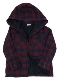 Tmavomodro/vínová kockovaná zateplená košeľová bunda s kapucňou F&F