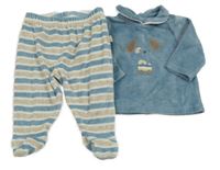 2Set - Modrá zamatová mikina s psíkom a límečkem + pruhované polodupky Blu Kids