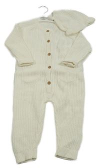 Nové - 2set - Biely rebrovaný pletený overal + čapica s uškami George