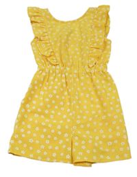 Žlutý kytičkovaný mačkaný kraťasový overal s volánky PRIMARK