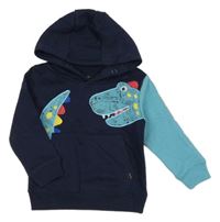 Tmavomodro-modrá mikina s dinosaurom a vreckom a kapucňou George